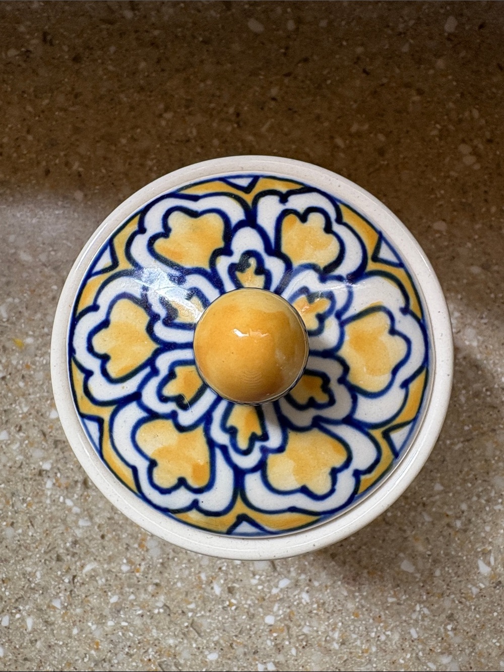 Pier 1 Imports Toscana Yellow/Blue Hand Painted Ceramic Spice Jar w/Sealing Lid - Picture 2 of 9